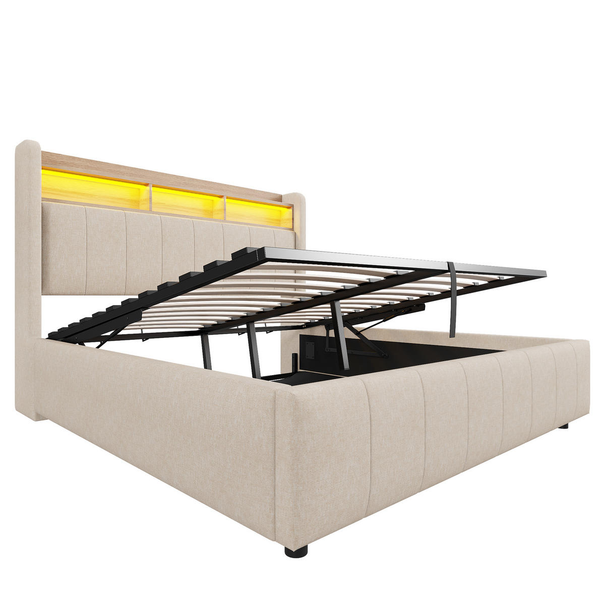 POLSTERBETT 160/200 cm Beige mit LED-Beleuchtung und USB-Steckdose, hydraulischem Stauraum - Beige, Textil (160/200cm) - OKWISH