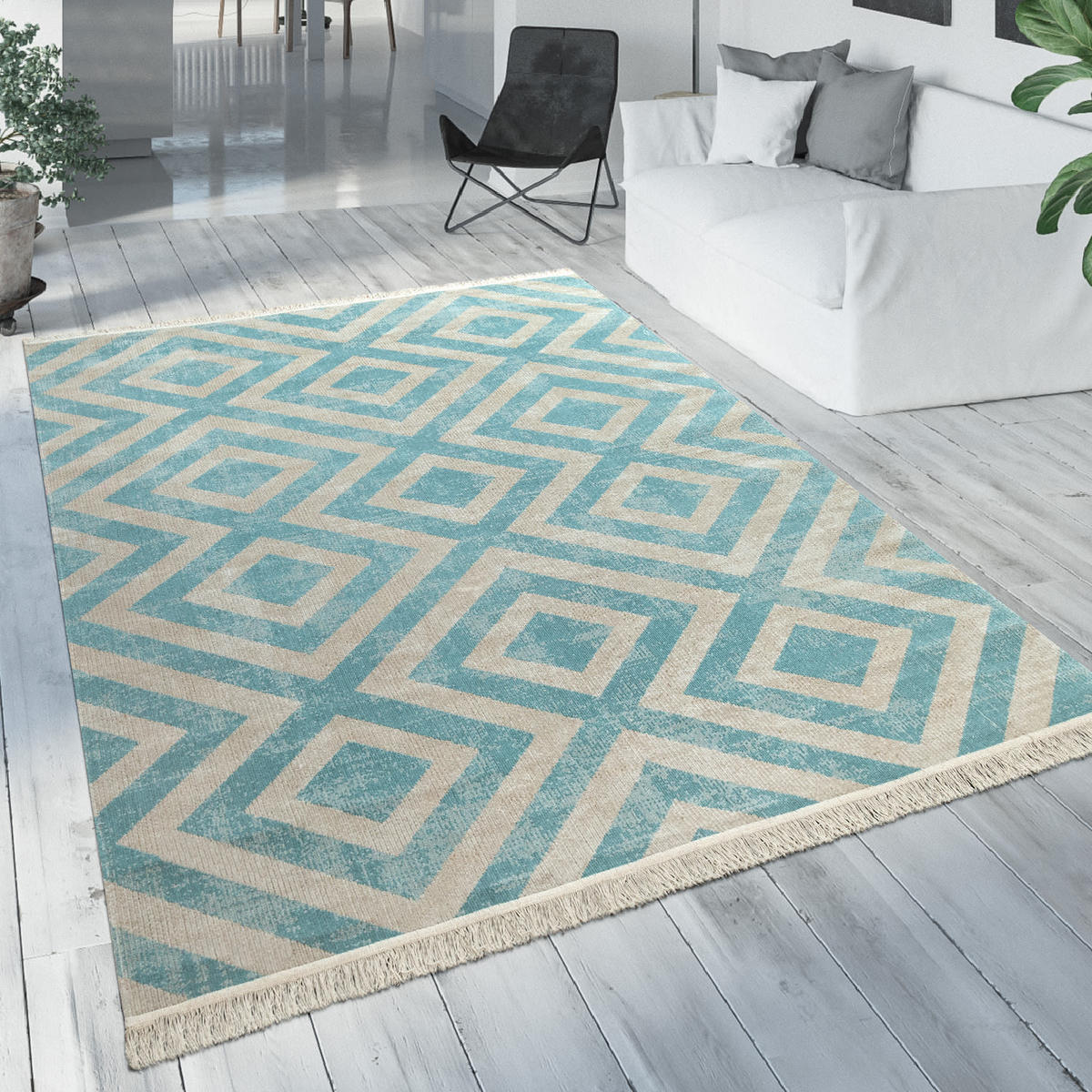 TEPPICH Kurzflor Rauten Wohnzimmer schmutzabweisend Blau Rechteckig 120x170 - Blau, Textil (170/120cm) - KADIMA DESIGN