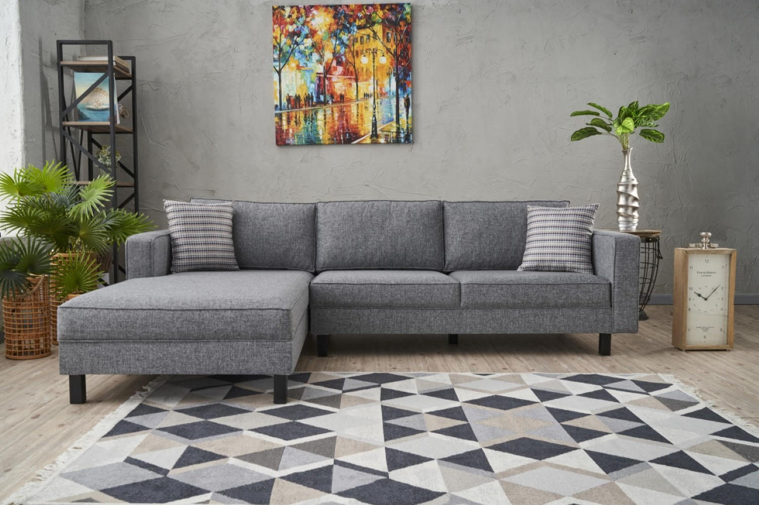 ECKSOFA mit elegantem Leinen-Bezug - Schwarz/Grau, Buchenholz/Textil (258/187cm) - myHomelando