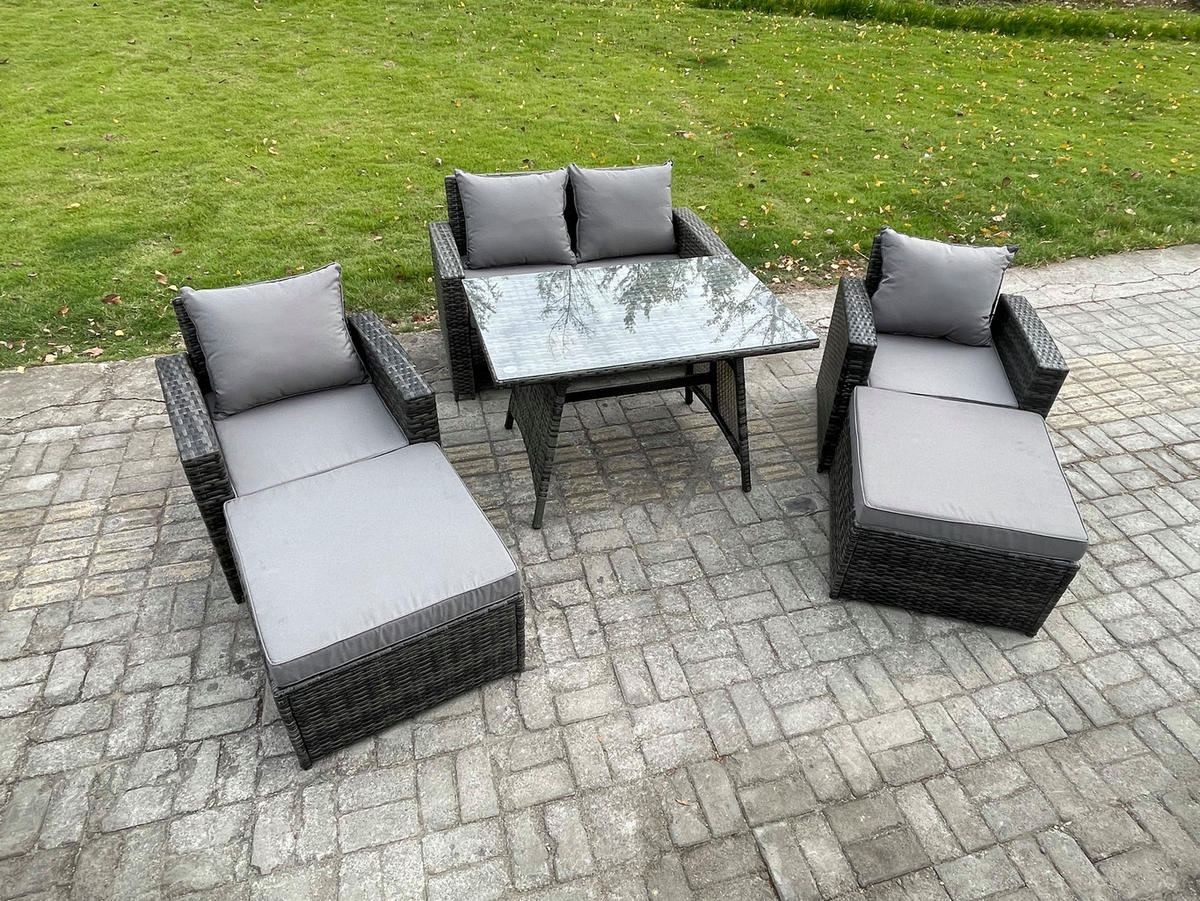 GARTENMÖBELSET mit ESSTISCH,HOCHLEHNER-SOFA Polyrattan Dunkelgrauer Mix 7-Sitzer - Dunkelgrau/Grau, Glas/Kunststoff - Fimous