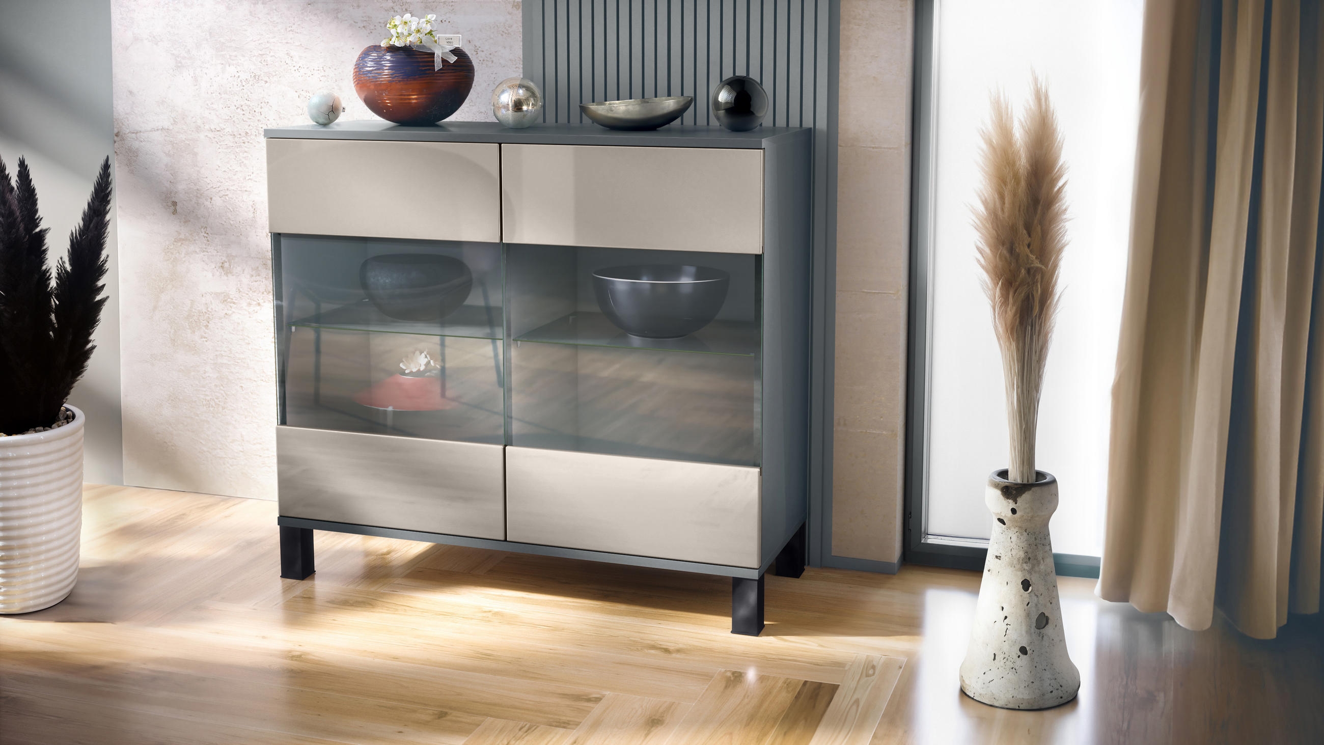 KOMMODE Bari Sandgrau Hochglanz - Sandfarben, Holzwerkstoff (92.5/84.5/35cm) - Vladon