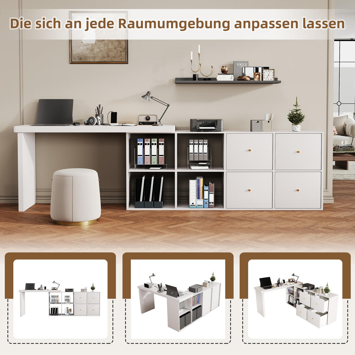 ECKSCHREIBTISCH Weiß 120/48/78 cm 360° schwenkbar mit 4 Schubladen - Weiß, Holzwerkstoff (140/120/78cm) - PANGIVO
