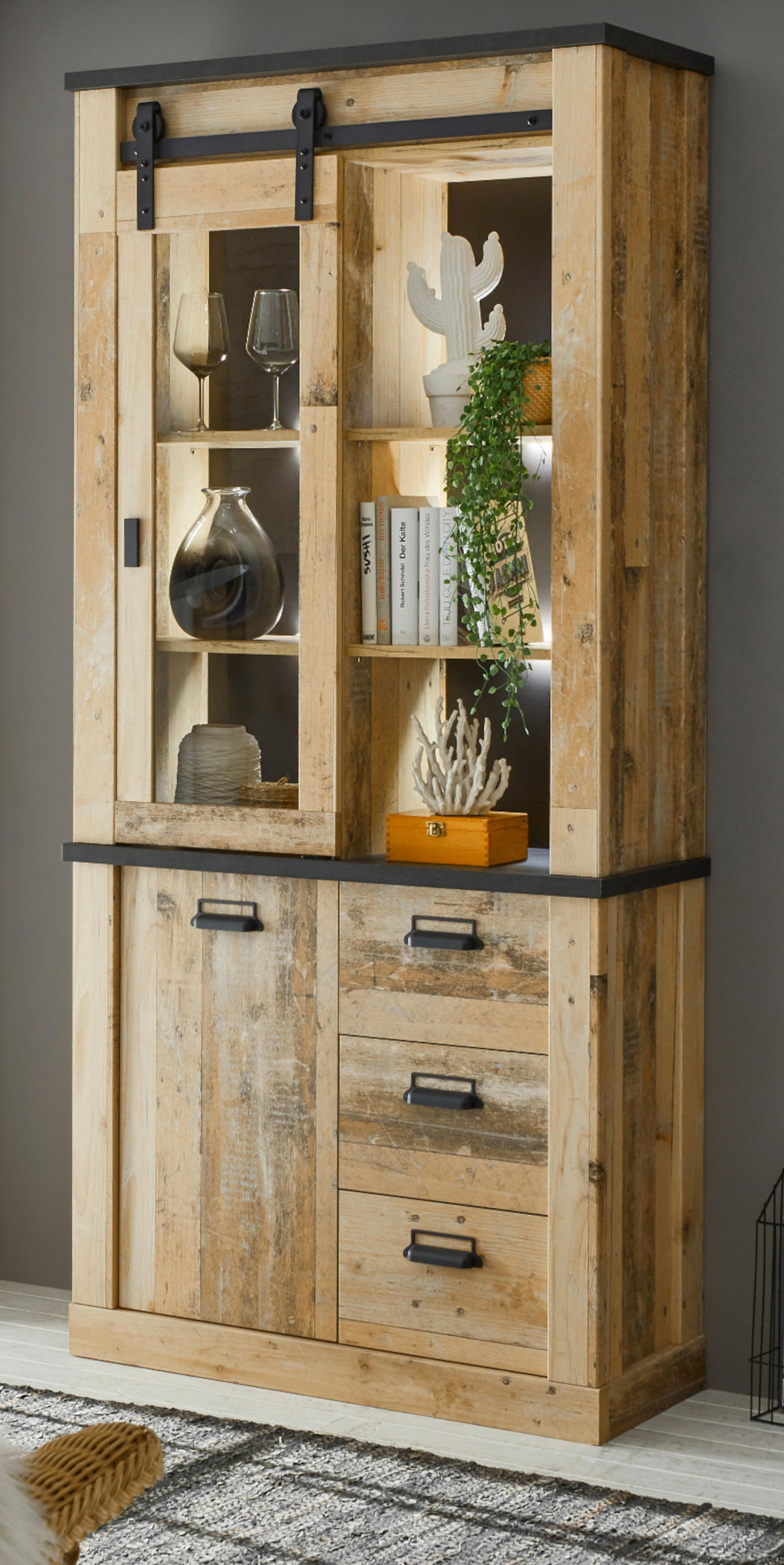 VITRINE Used Wood hell, anthrazit 93 x 201 cm, Vitrinenschrank mit Soft-Close - Anthrazit/Schwarz, Glas/Holzwerkstoff (93/201/38cm) - Furn.Design