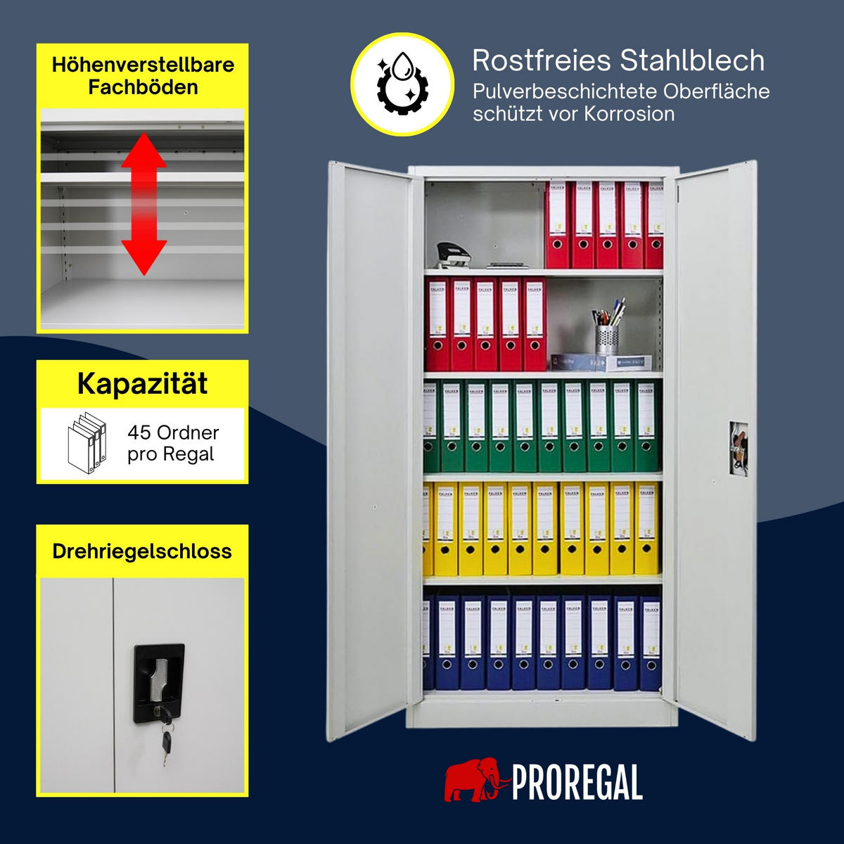 FLÜGELTÜRENSCHRANK Elephant 2er-Set 180x80x40cm 4 Ebenen Lichtgrau - Hellgrau, Metall (160/180/40cm) - PROREGAL