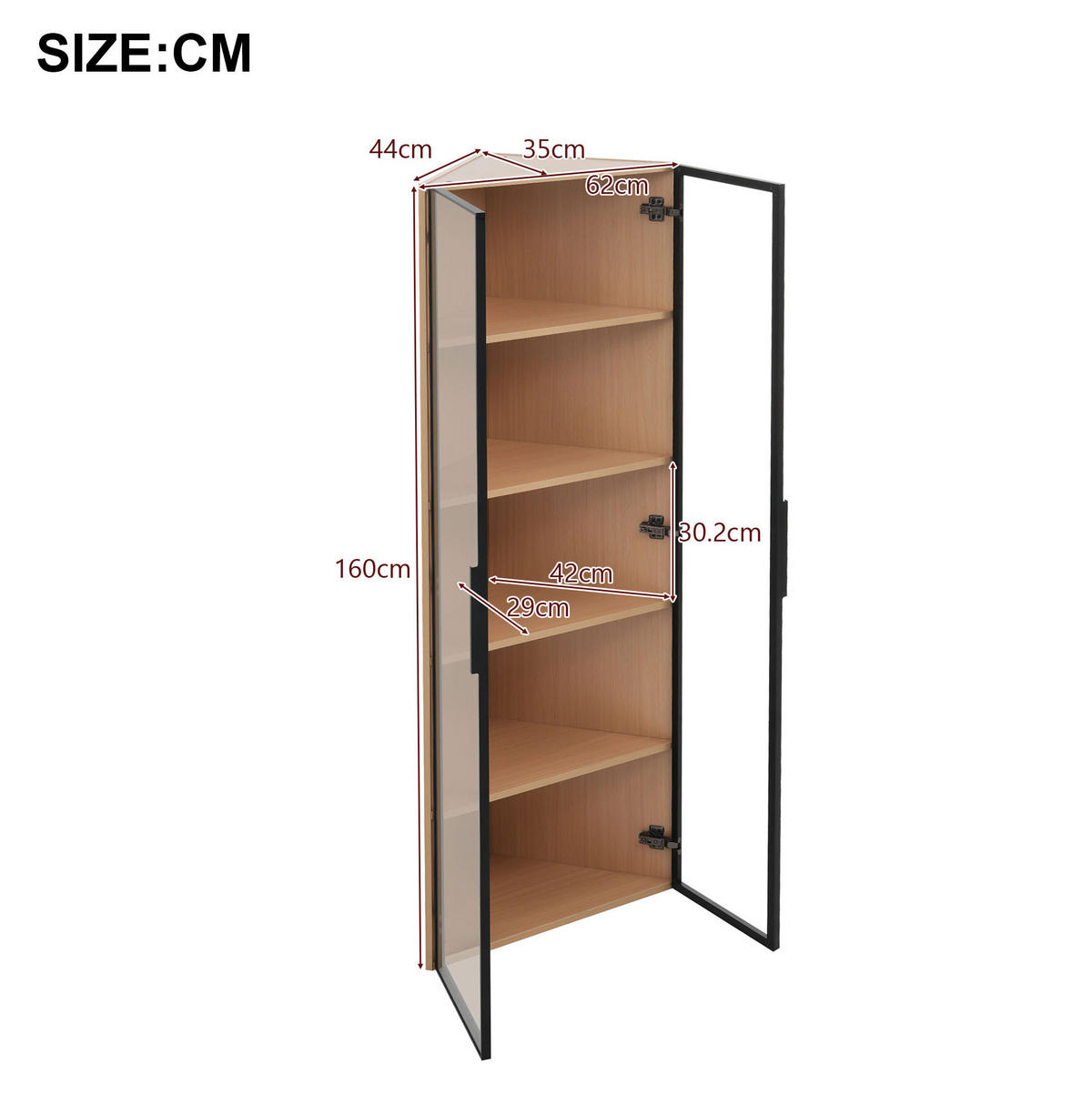 HIGHBOARD mit LED-Beleuchtung 62/35/160 cm in Eiche-Optik mit Glastür - Eichefarben, Holzwerkstoff (62/160/35cm) - BEAOK