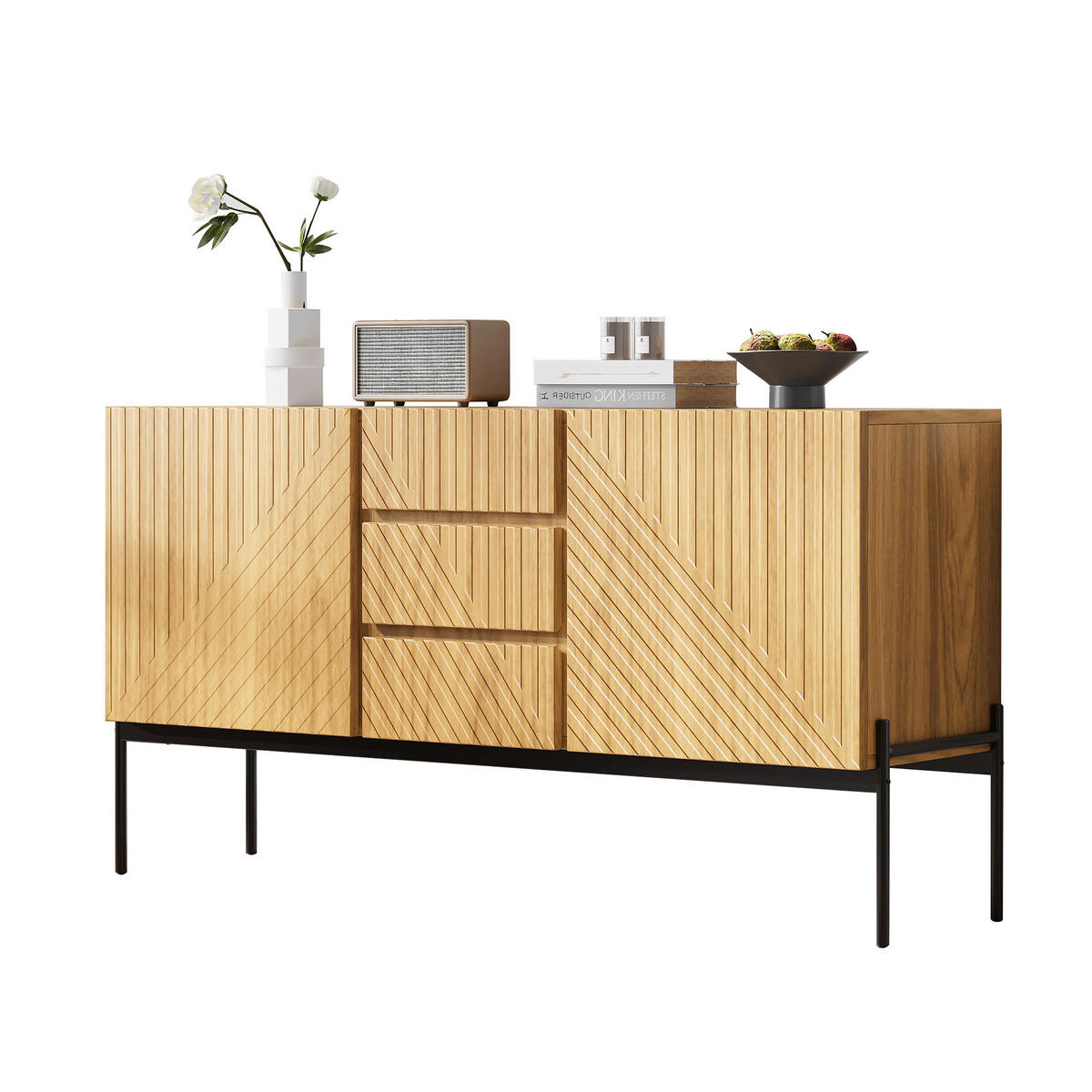 SIDEBOARD 140/40/75 cm in Natural mit 2 Türen, 3 Schubladen und Metallbeinen - Naturfarben, Holzwerkstoff (140/75/40cm) - Flora Grace
