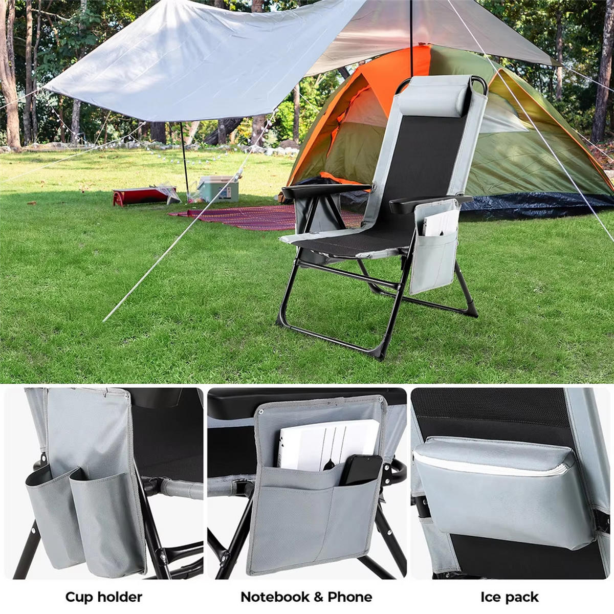 CAMPINGSTUHL 2ER SET Klappstuhl mit Armlehne Grau - Grau, Textil (57/98/57cm) - Kaket