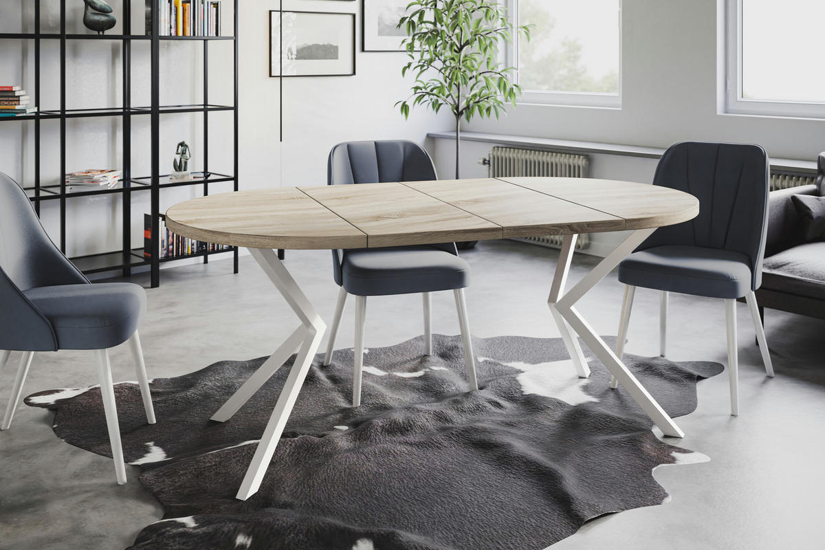 ESSZIMMERTISCH LOFT LITEN, ausziehbarer Tisch 120 cm/200 cm, Farbe: Beige, mit Metallbeinen in Farbe Weiß - Weiß/Sonoma Eiche, Holzwerkstoff (120/120/76cm) - Alpi-Möbel