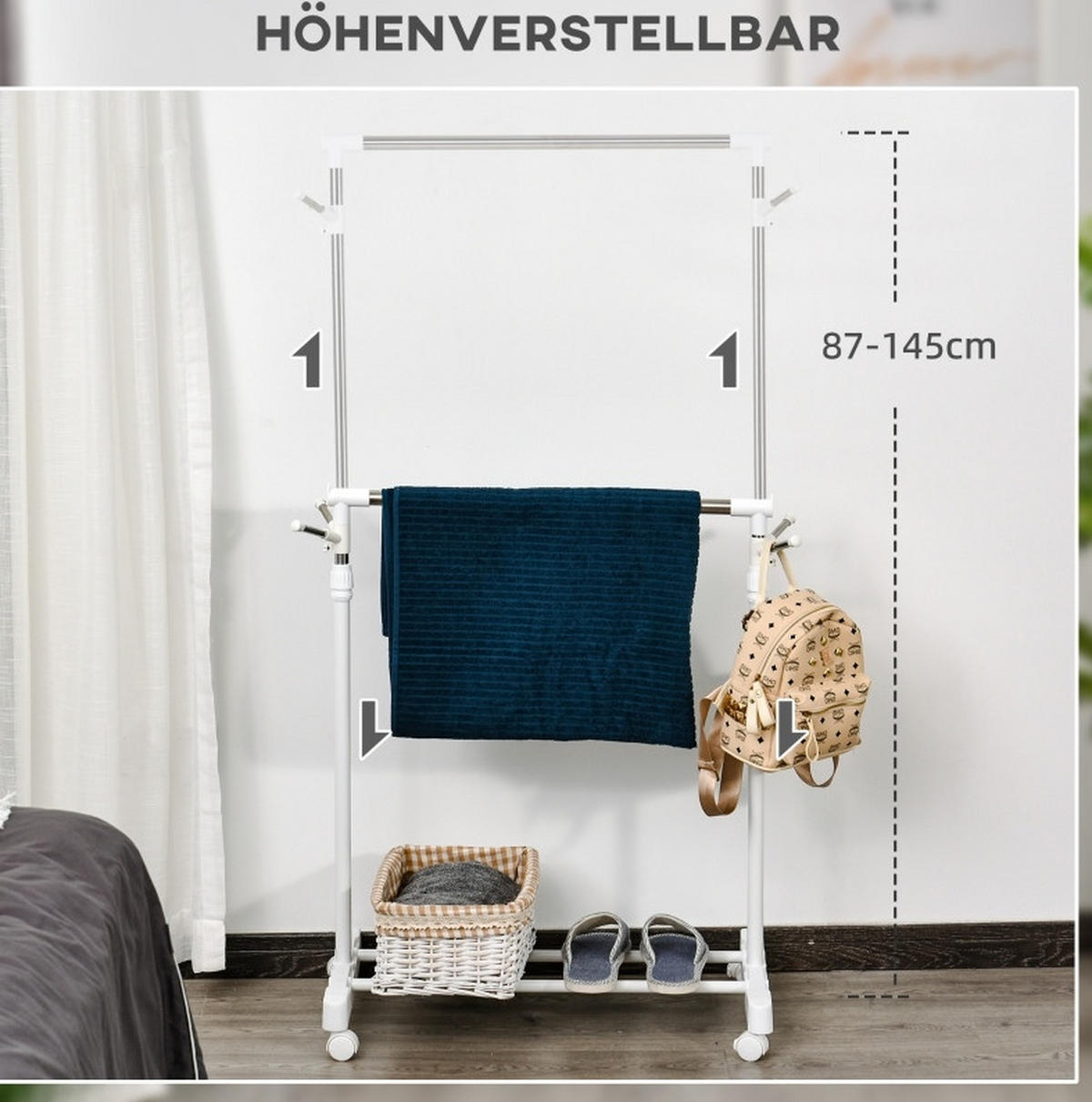 GARDEROBENSTÄNDER höhenverstellbar mit Ablage 68,5 x 42 x 87-145 cm Weiß - Weiß, Metall (42/145/68.5cm) - Beauniv