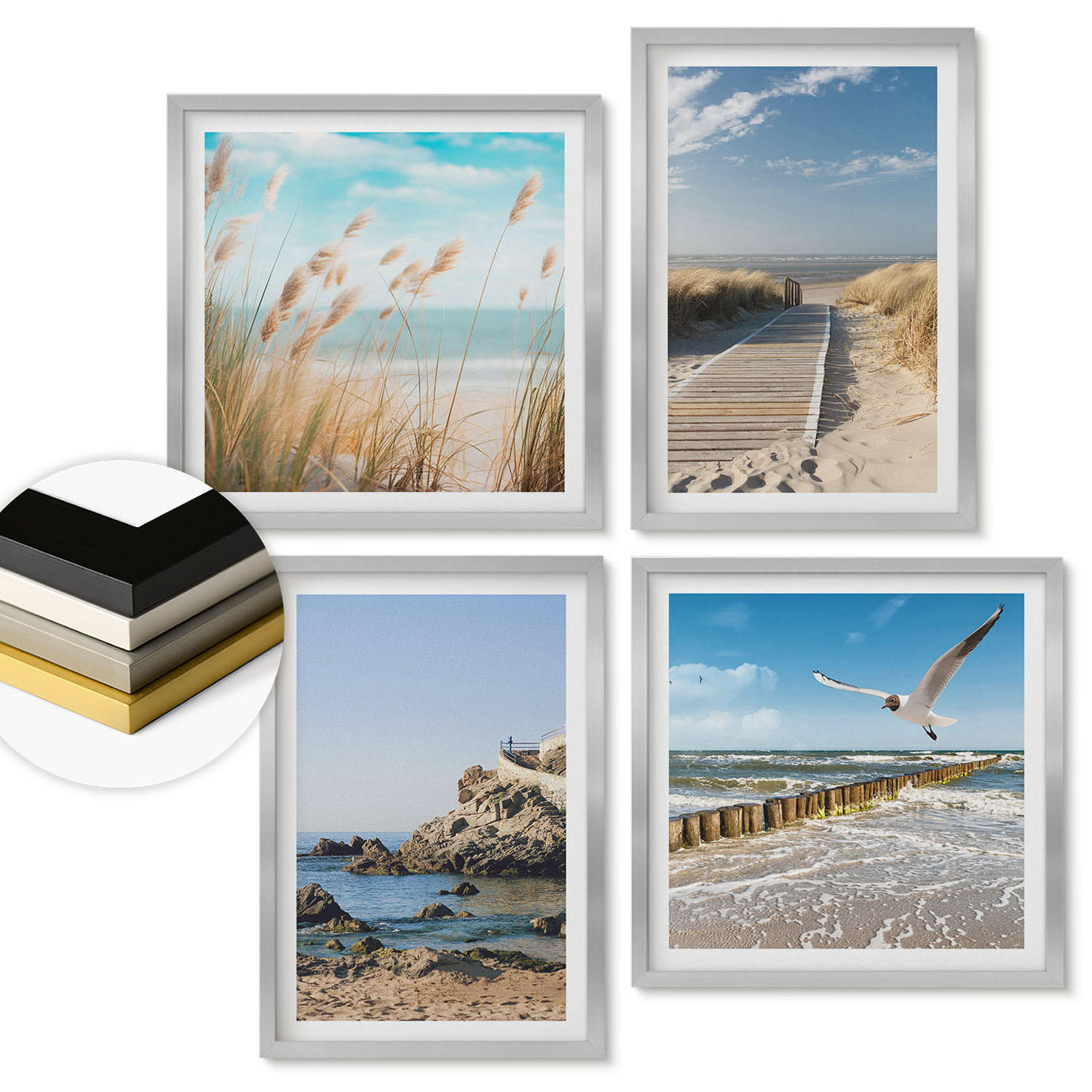 WANDBILDER 4er Set - 50x50 cm & 40x60 cm Silberner Rahmen - Strand Holzsteg Klippen - Silberfarben, Kunststoff (50/50cm) - ArtPrintCave