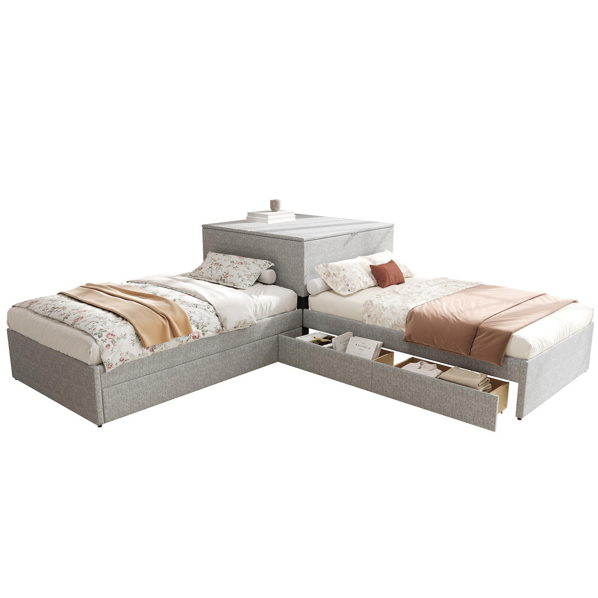 POLSTERBETT aus Leinen 90x200 cm in Grau mit Ausziehbett & Stauraum - Grau, Textil (90/200cm) - Modfu