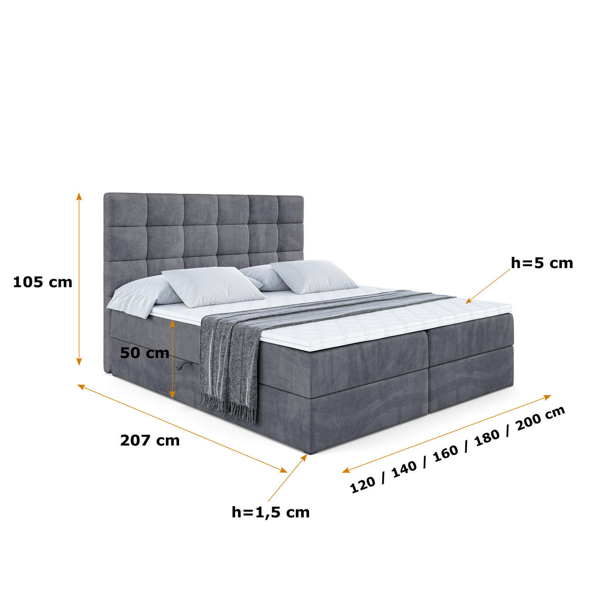 BOXBETT mit H3-Matratze und Lattenrost - BRUGO - 180x200 Dunkelgrau - Dunkelgrau, Holzwerkstoff (180/200cm) - ALTDECOR