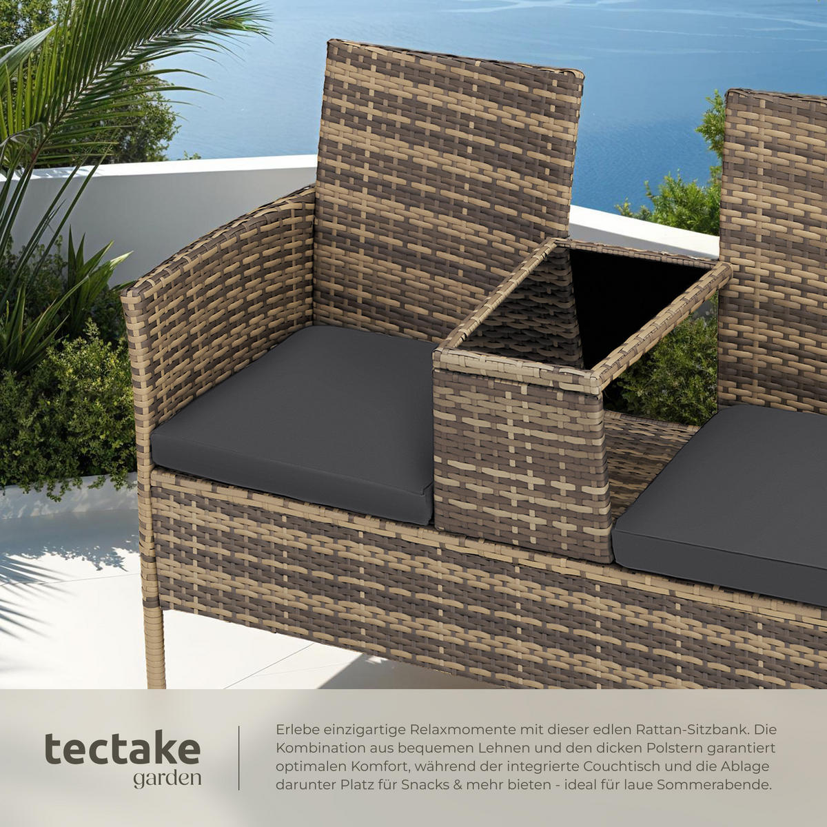 RATTAN GARTENSITZBANK Narbonne,131 x 59 x 82 cm,natur/dunkelgrau - Naturfarben, Kunststoff (61/82/131cm) - tectake