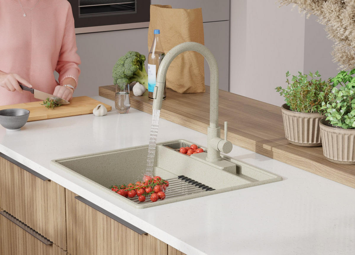 SPÜLBECKEN New York, 2-er set Beige 58/53 cm 1 Becken + Ablauf-Set + Küchenzubehörset ab 60er Unterschrank - Chromfarben/Beige, Kunststoff (58/20/53cm) - Primagran