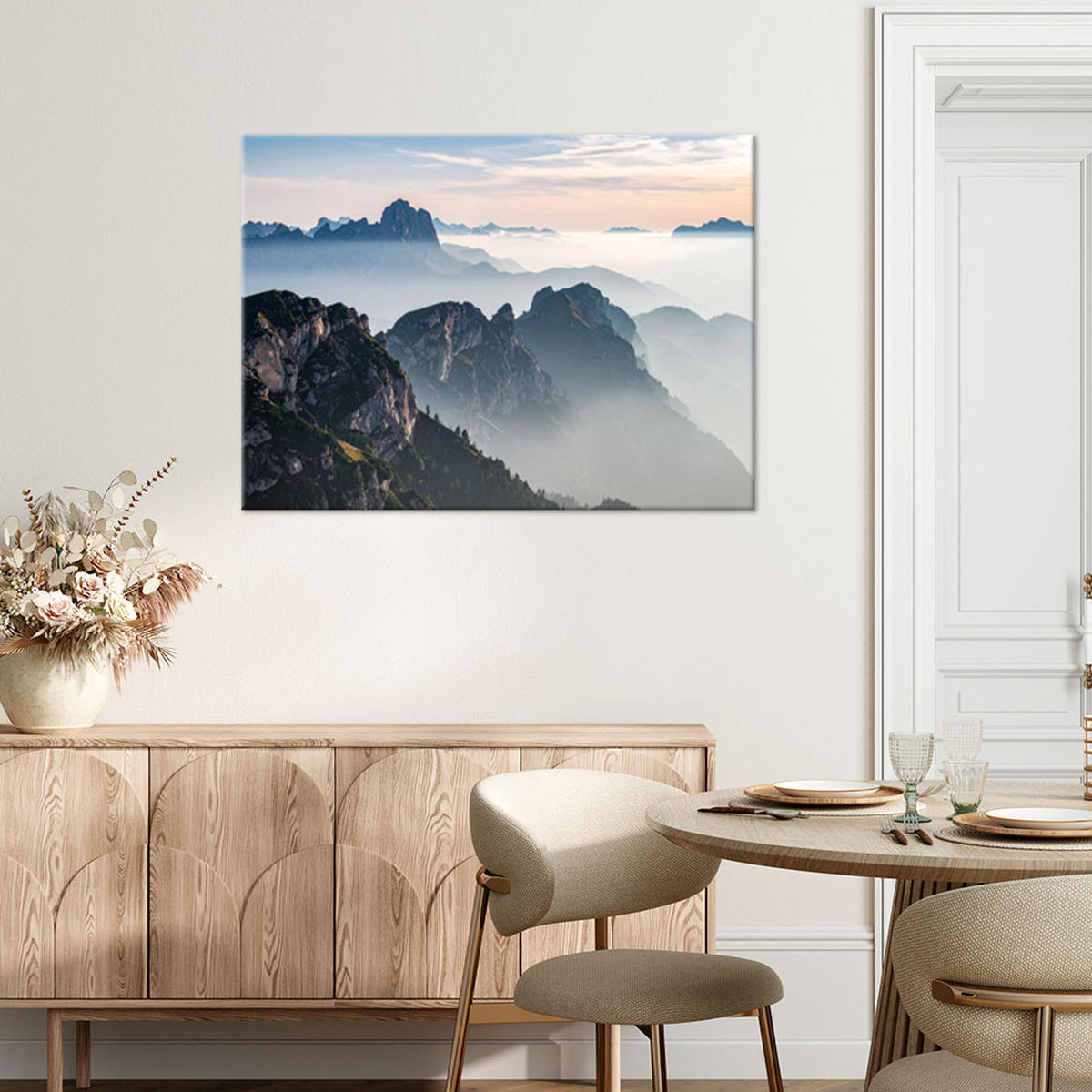 LEINWANDBILD Landschaft Berge Nebel Natur 90x60cm - Grau, Textil (90/60cm) - Feeby