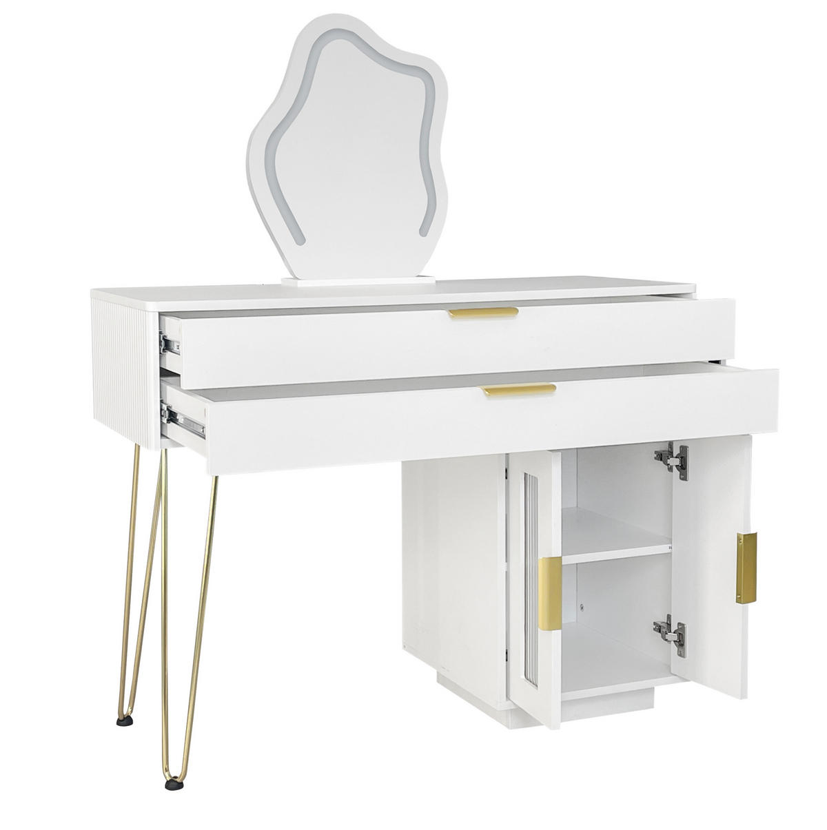 SCHMINKTISCH 100/40/78 cm aus Spanplatte mit LED-Spiegel, 2 Schubladen, ausziehbarem Seitenschrank und Metallbeinen, Weiß - Weiß, Holzwerkstoff (100/78/40cm) - Redom