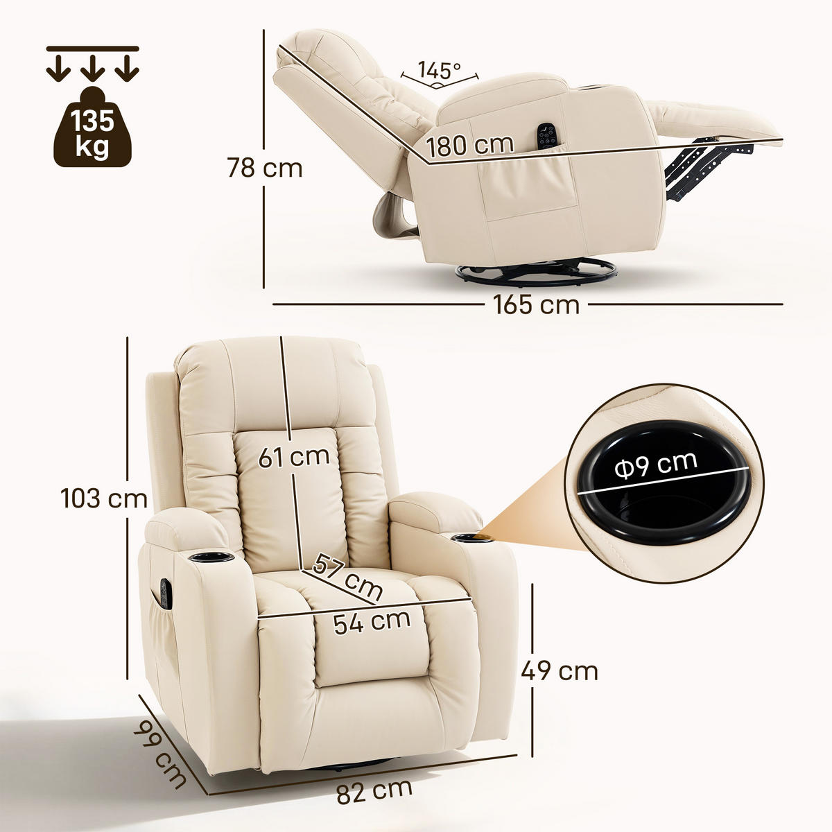 MASSAGESESSEL DE-15444 8 Massagepunkte mit Heizung und 360° Drehung Creme - Creme, Leder (82/103/99cm) - ComfortXL