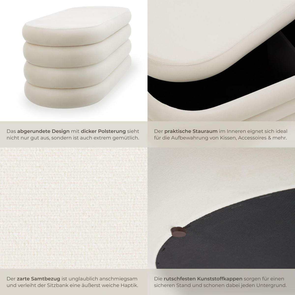 Truhenbank Altu,110 x 45 x 42 cm,Samtoptik creme-weiß - Weiß/Samtahornfarben, Holz (110/42/45cm) - tectake