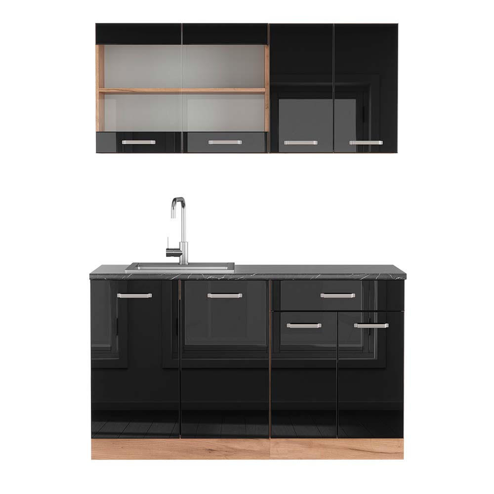 SINGLEKÜCHE R-Line Schwarz Hochglanz/Goldkraft Eiche 140 cm AP Anthrazit - Schwarz Hochglanz/Eiche Wotan, Holzwerkstoff (140/81.6/60cm) - Vicco