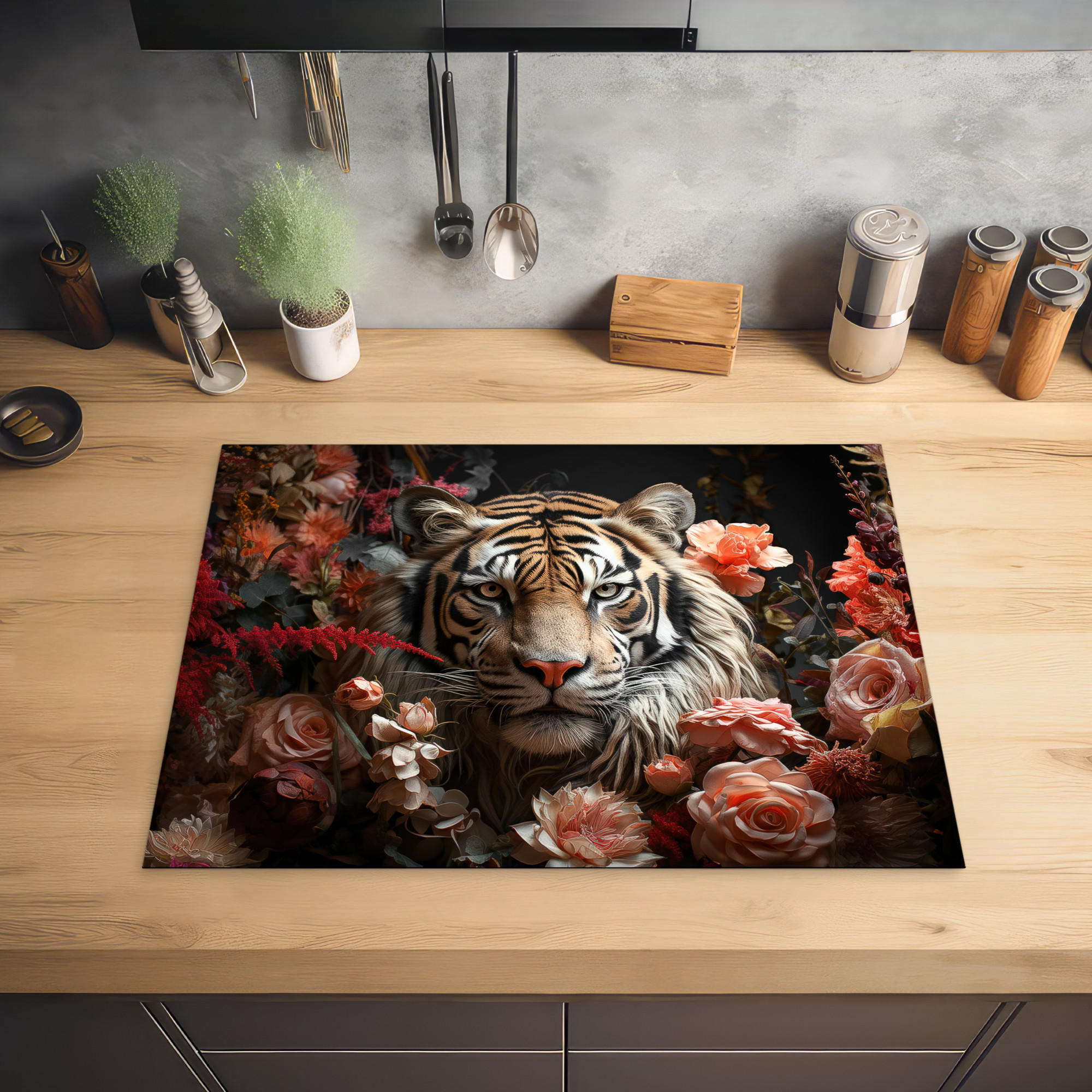HERDABDECKPLATTE Tiger - Tier - Natur - Floral - Botanisch 71x52 cm - Orange, Kunststoff (71/0.2/52cm) - MuchoWow