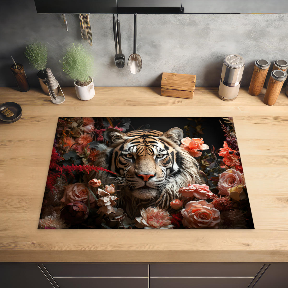 HERDABDECKPLATTE Tiger - Tier - Natur - Floral - Botanisch 71x52 cm - Orange, Kunststoff (71/0.2/52cm) - MuchoWow