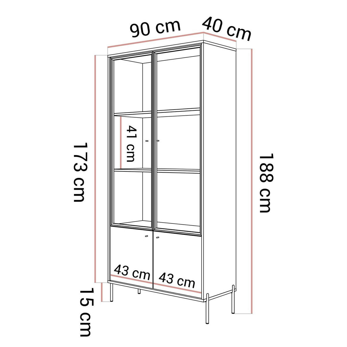 VITRINE ISA, zweitürig mit LED-Beleuchtung und hohen Füßen. - Eichefarben, Holzwerkstoff (90/188/40cm) - Lookway