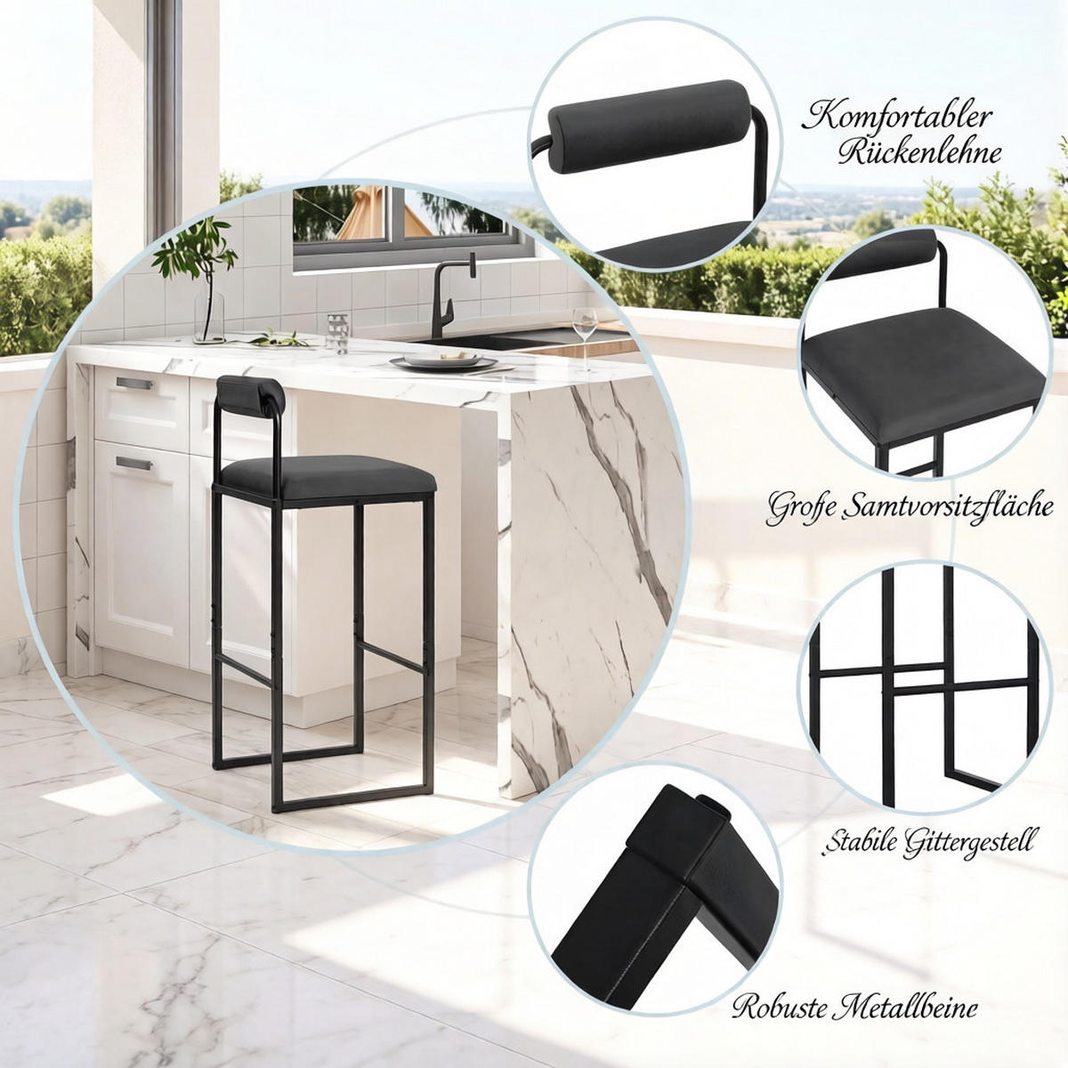 BARHOCKER DE-36215 2er Set mit Samtbezug Dunkelgrau - Dunkelgrau, Metall (39/95.5/38.5cm) - ComfortXL