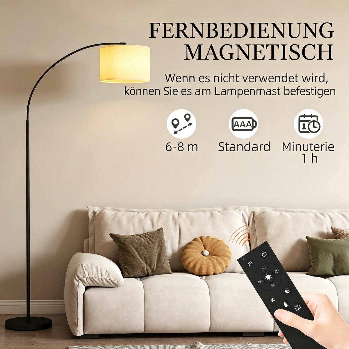 STEHLEUCHTE 104.2/32/180.6 cm Schwarz mit Fernbedienung (nur mit Bogen-Stehlampe,Nicht enthalten Batterie) - Schwarz, Metall (104.2/32/180.6cm) - Oxeza