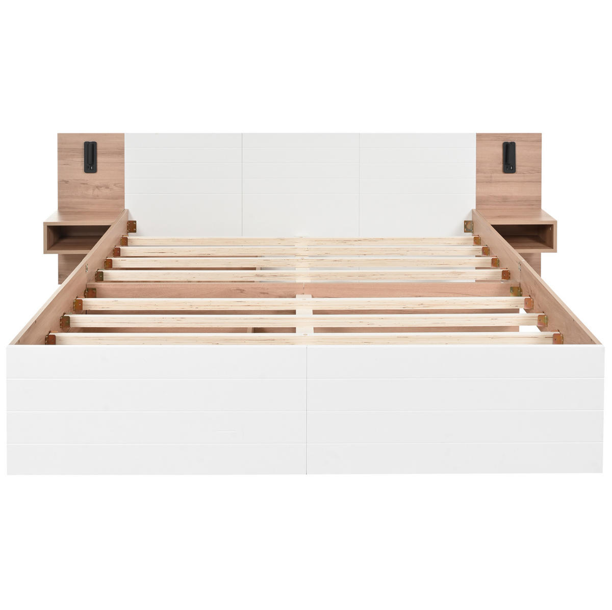 BETT 140/200 cm mit Kopfteil, 2 Schubladen, USB & Leselicht, inkl. Lattenrost - Weiß, Holzwerkstoff (140/200cm) - BEAOK