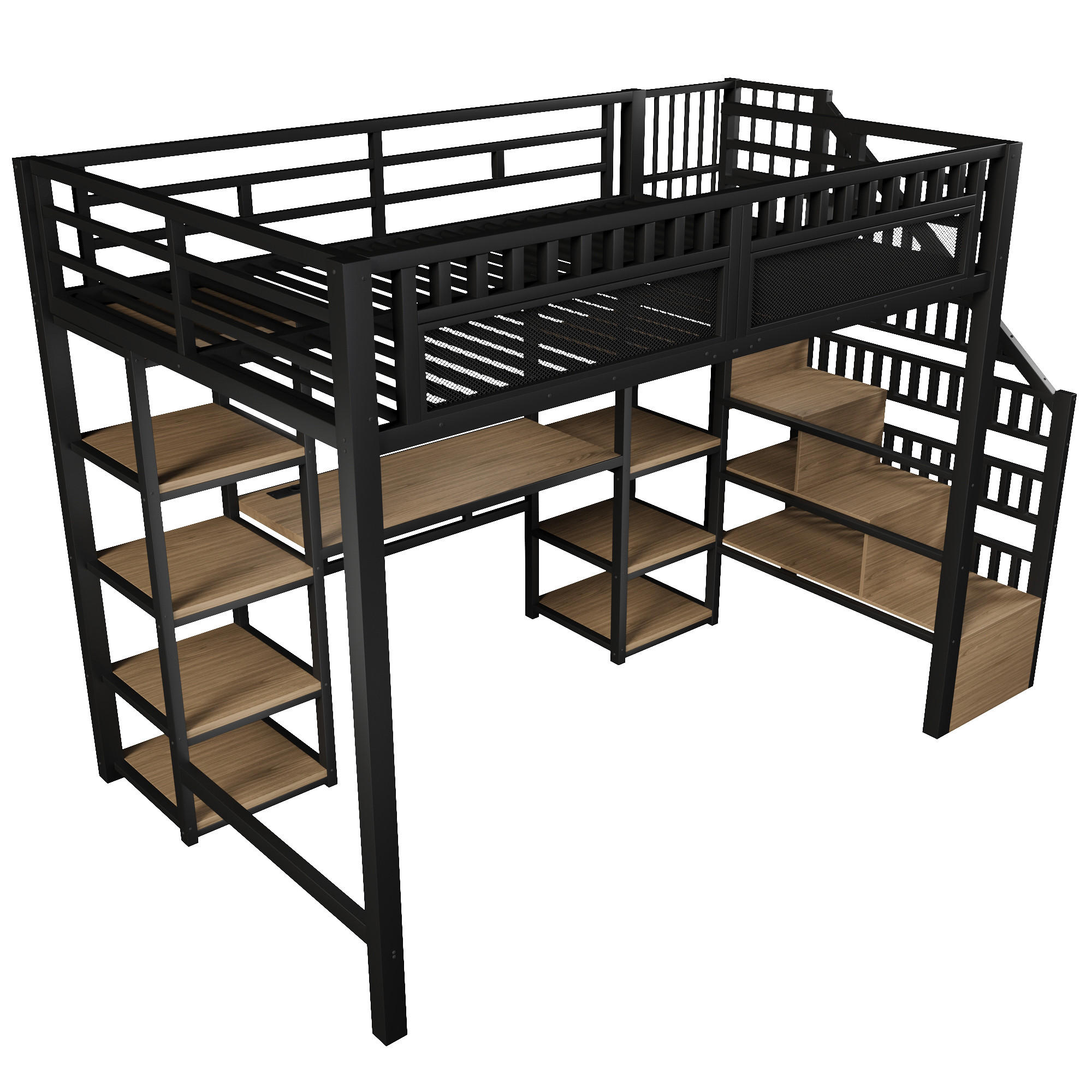 HOCHBETT 140/200 cm Schwarz mit Stauraumtreppe, Schreibtisch und LED-Lichtleisten - Schwarz, Metall (140/200cm) - Oxeza