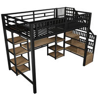 HOCHBETT 140/200 cm Schwarz mit Stauraumtreppe, Schreibtisch und LED-Lichtleisten - Schwarz, Metall (140/200cm) - Oxeza