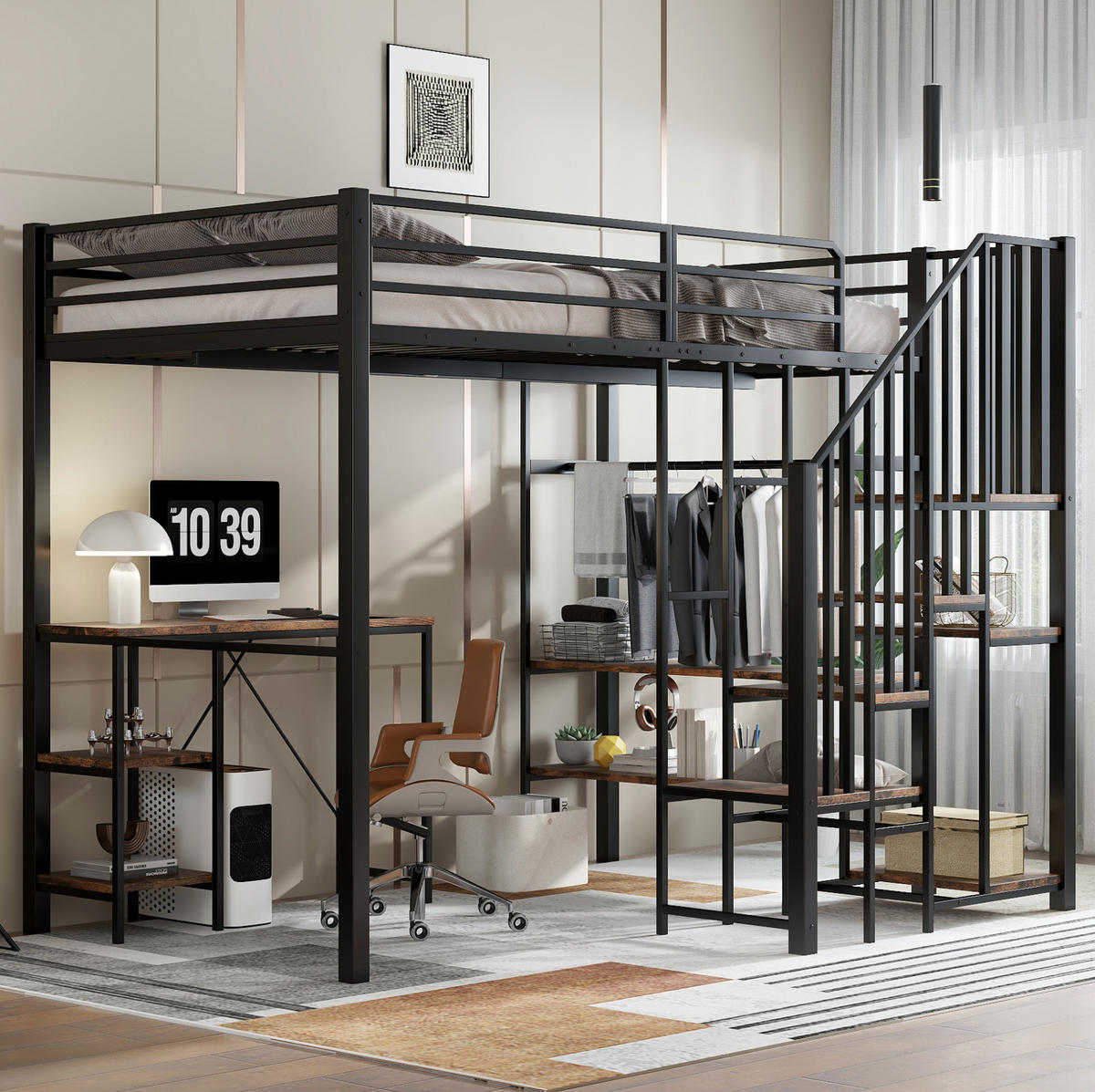 ETAGENBETT 120x200 cm aus Eisen und MDF mit Tisch, Regal und offenem Kleiderschrank - Schwarz, Holzwerkstoff (120/200cm) - OKMYHOME