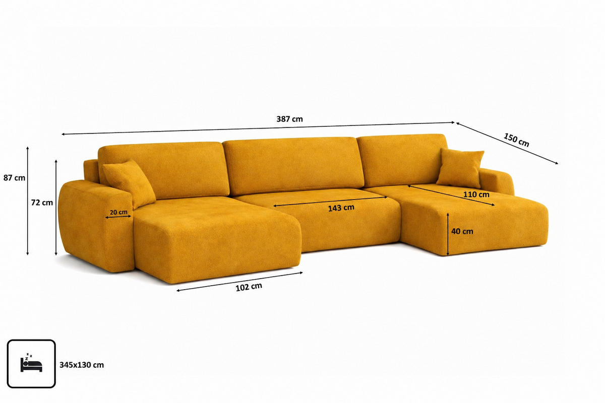ECKSOFA Mit Schlaffunktion Und Bettkasten U-Form Ariel U XL, Veloursstoff Salvador, Gelb - Gelb, Holz (387/142cm) - Kaiser Möbel