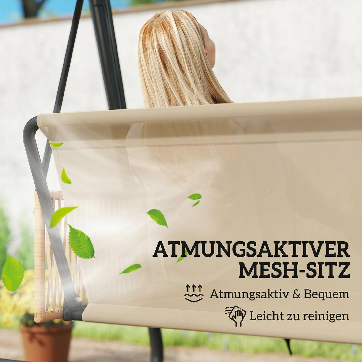 HOLLYWOODSCHAUKEL 3-SITZER DE-07062 verstellbares Sonnendach - Sandfarben, Metall (203/165/121cm) - ComfortXL
