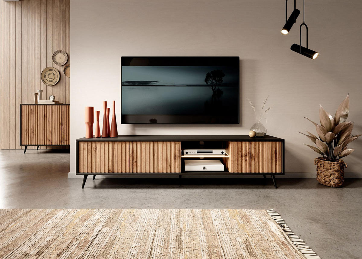 TV-LOWBOARD Bello Schwarz / Eiche 175 cm - Eichefarben/Schwarz, Holzwerkstoff/Metall (175/43.5/31.3cm) - Selsey