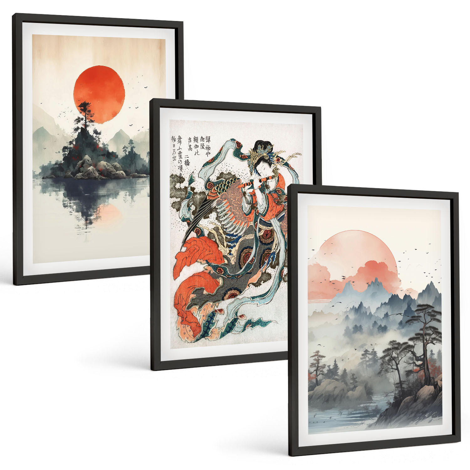 BILDER SET 3er Set - 40x60 cm Schwarzer Rahmen - Asiatische Japandi-Malereien - Schwarz, Kunststoff (40/60cm) - TULUP