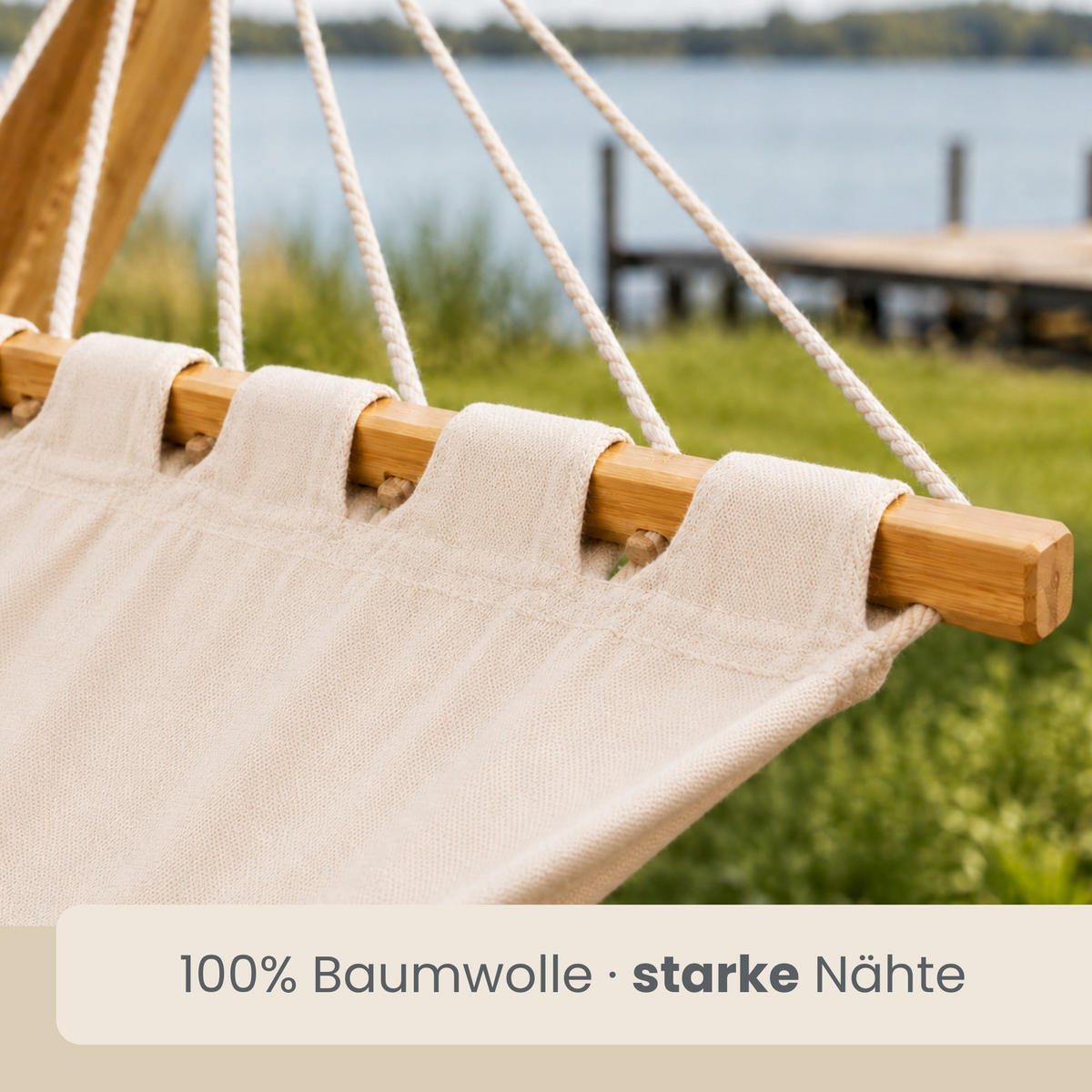 XXL-HÄNGEMATTE mit Holzgestell bis 150kg, 325/120cm, Beige - Beige, Holz (120/118/325cm) - Amanka