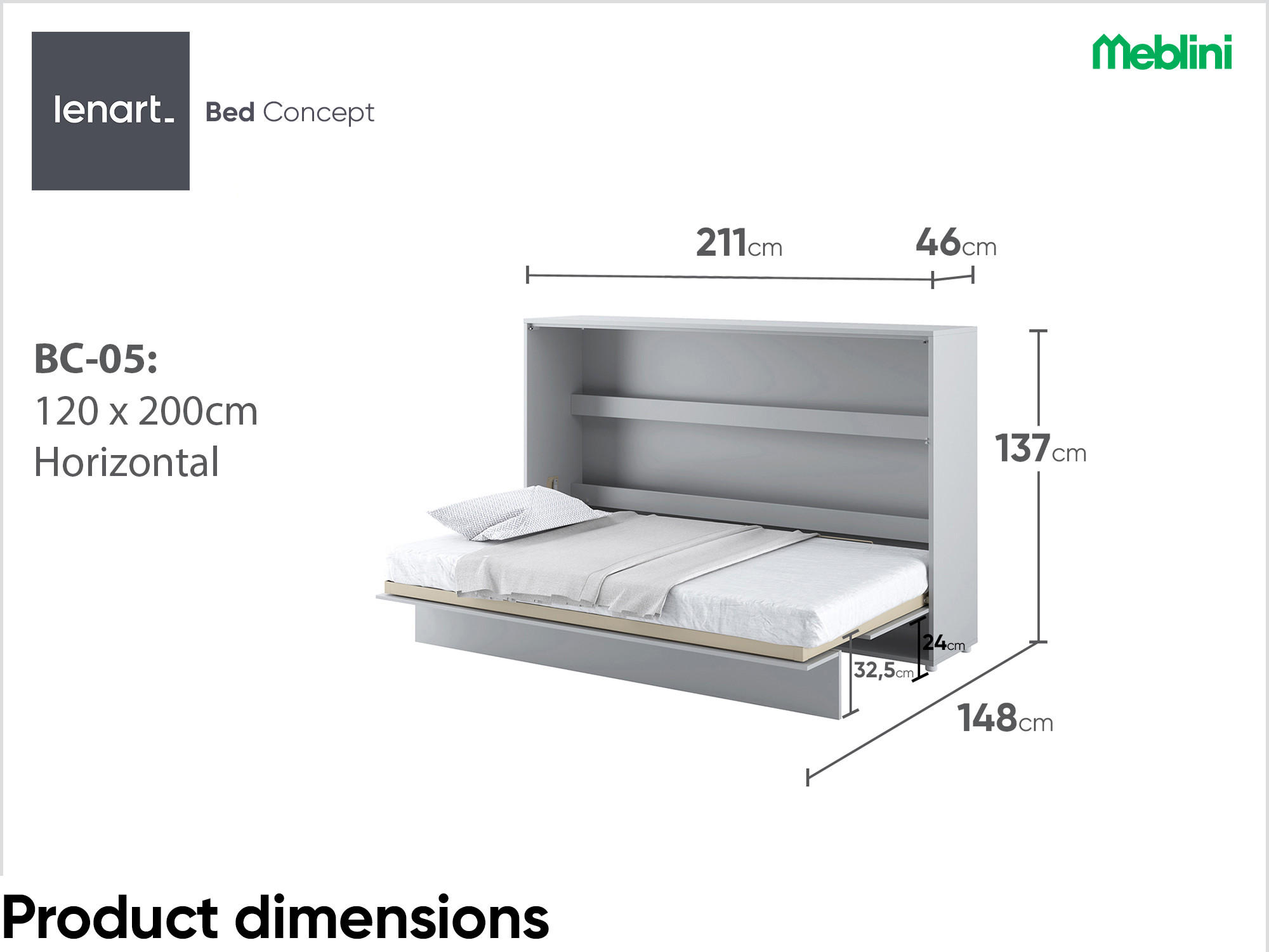 SCHRANKBETT BC-05 - 120x200cm Horizontal - Grau Matt mit Matratze - Grau, Holzwerkstoff (200/120cm) - Meblini