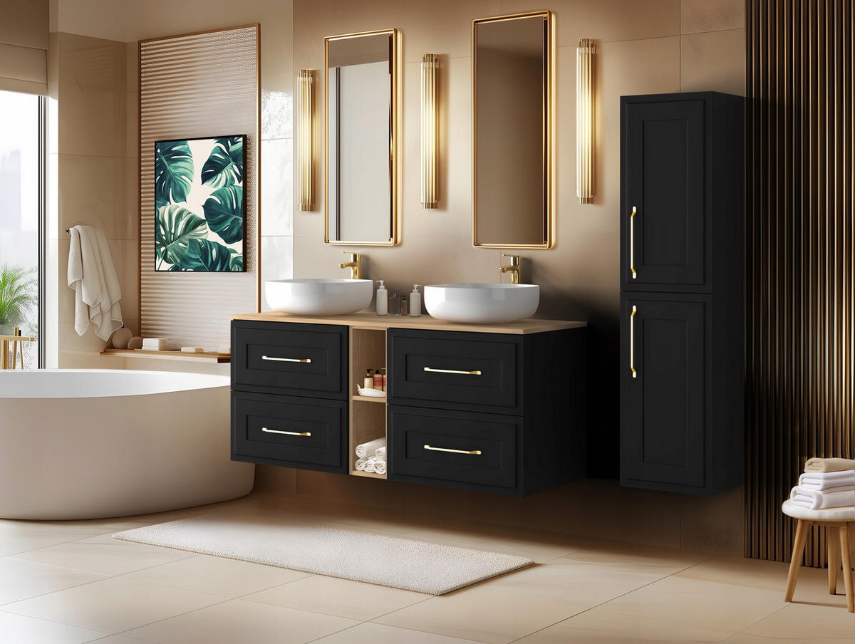 WASCHBECKUNTERSCHRANK CLASSIC 140 cm mit Arbeitsplatte Farbe: Matt Schwarz mit einem Regal Matt Schwarz - Schwarz, Holzwerkstoff (140/58/46cm) - Rodan