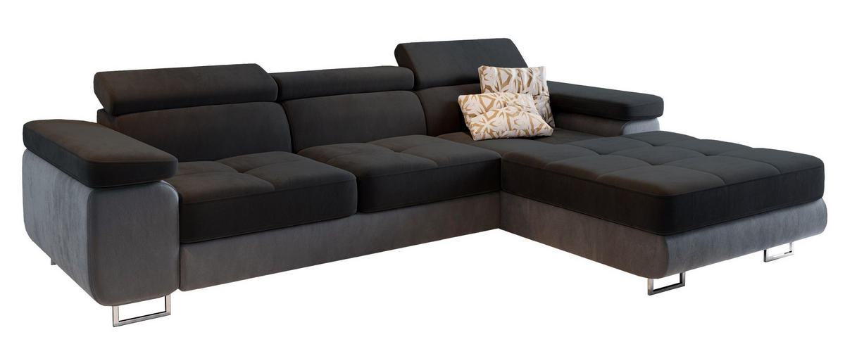 ECKSOFA ELMA R-S Schwarz Velours-Stoff mit Schlaffunktion - Schwarz, Holz (280/205cm) - MASSENO