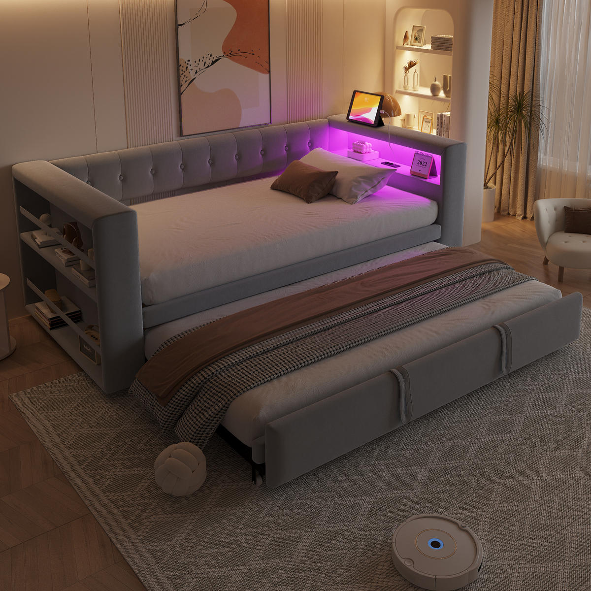 POLSTERBETT 90/180/190 cm aus Flanellstoff mit LED-Beleuchtung, Steckdose und Stauraum Hellgrau - Hellgrau, Textil - Modenvie