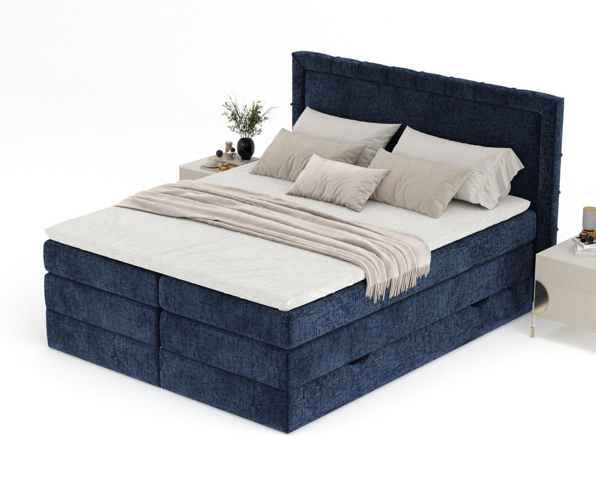 BOXSPRINGBETT Rosabel Marineblau 140/200 cm mit Matratze und Topper - Schwarz/Dunkelblau, Holz/Holzwerkstoff (140/200cm) - Maison de Reve