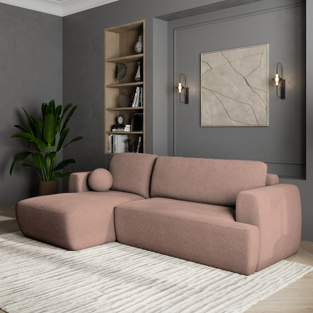 ECKSOFA SENTI N L-S Rosa Boucle-Stoff mit Schlaffunktion - Rosa, Holz (246/148cm) - MASSENO