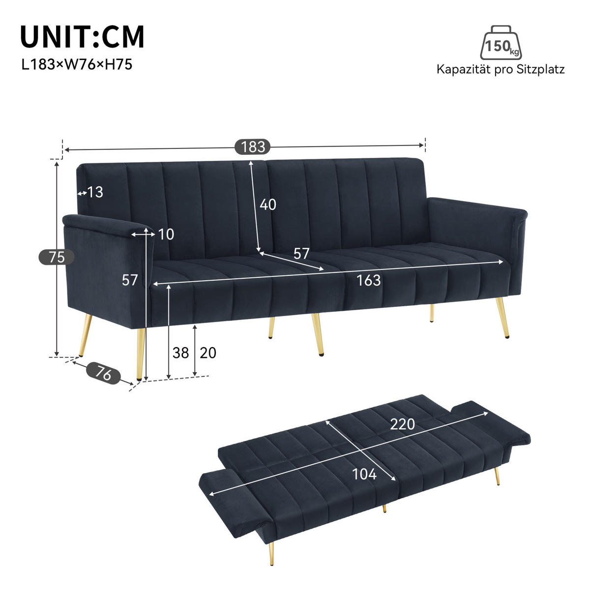 SCHLAFSOFA, Samt mit verstellbarer Rückenlehne & Armlehnen, 183/76/75 cm, Schwarz - Schwarz, Textil (76/75/183cm) - Redom