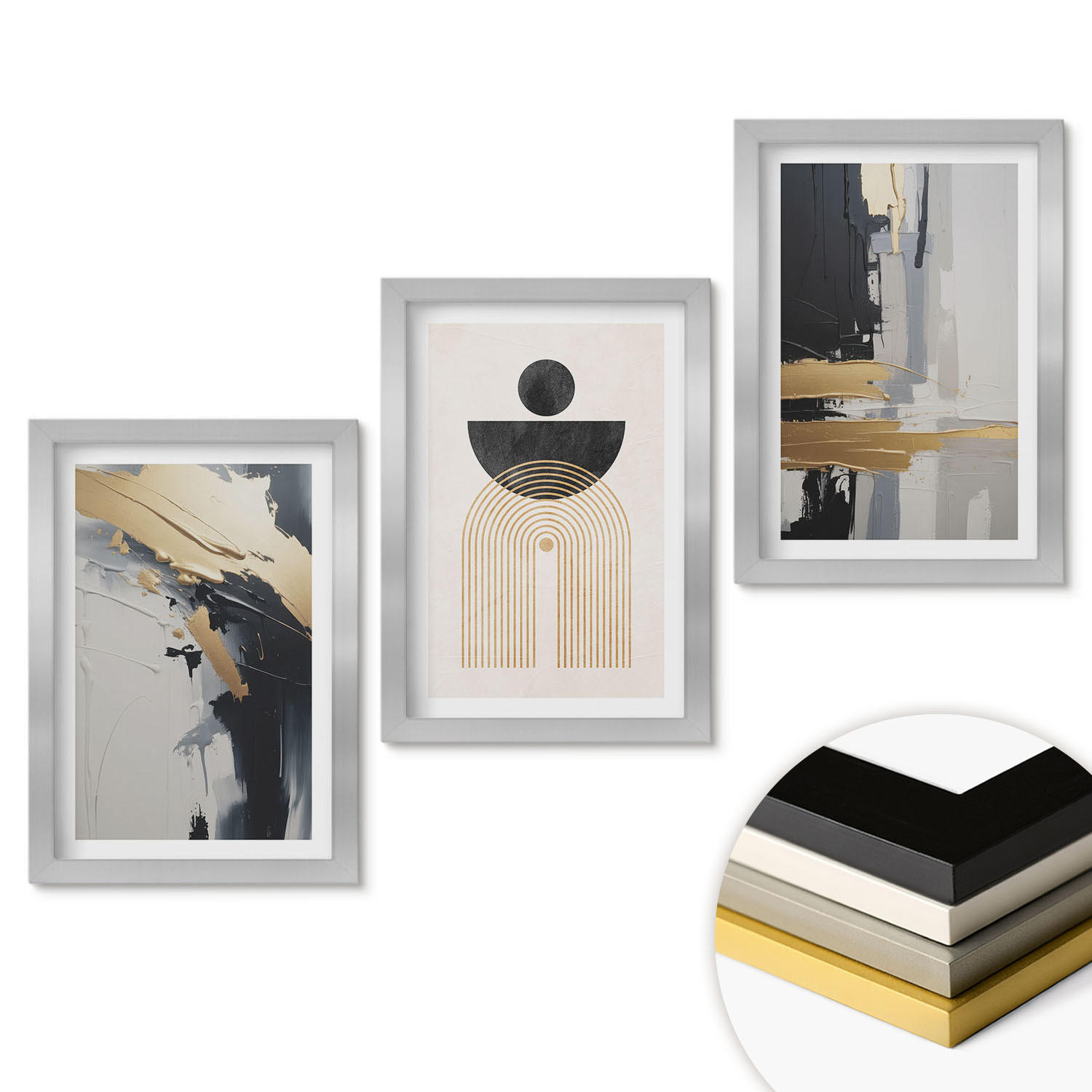 WANDBILDER 3er Set - 20x30 cm Silberner Rahmen - Abstrakte Geometrie Eleganz - Silberfarben, Kunststoff (20/30cm) - ArtPrintCave