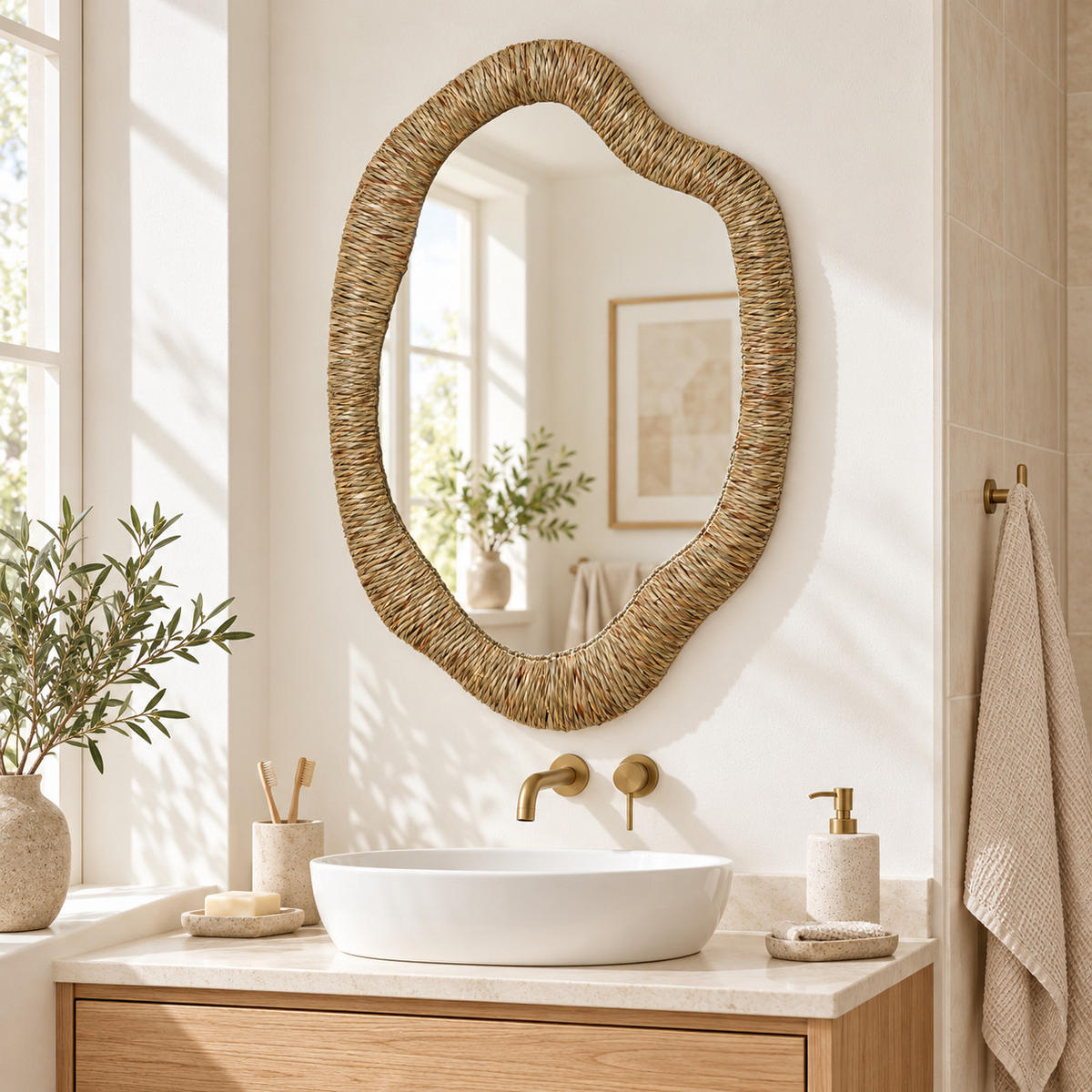 SEEGRAS-WANDSPIEGEL 75×50 cm, organische Form für Wohnzimmer,Flur - Dunkelgelb, Naturmaterialien (3.5/75/50cm) - Hometopia