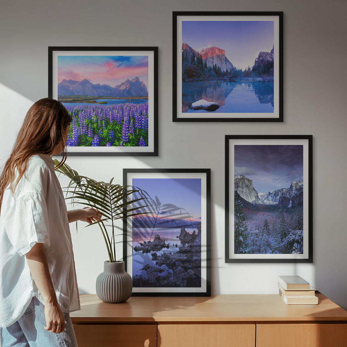 BILDER SET 4er Set - 50x50 cm & 40x60 cm Schwarzer Rahmen - Berglandschaften, Wasser, Blumenfeld - Schwarz, Kunststoff (50/50cm) - TULUP