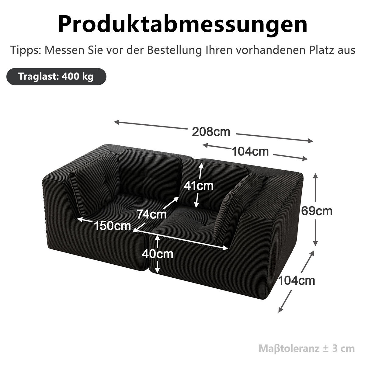 2-SITZER-SOFA DE-34220 modular Schwarz - Schwarz, Textil (104/69/208cm) - ComfortXL