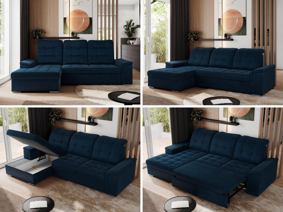 ECKSOFA MADRITO L - Dunkelblau Velorus - Links - Silberfarben/Dunkelblau, Textil/Metall (160/256cm)