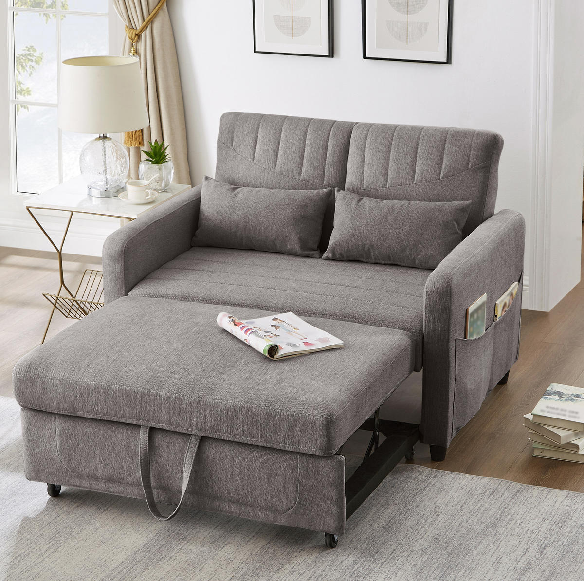 SCHLAFSOFA Baumwoll-Leinen mit Ausziehfunktion und verstellbarer Rückenlehne Grau 114/77/82,5 cm - Grau, Textil (77/82.5/114cm) - Redom